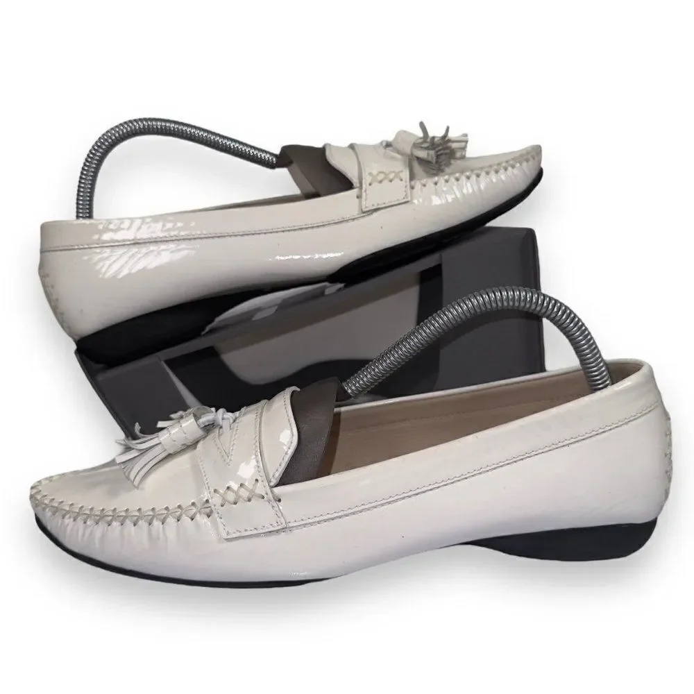 Stuart Weitzman Patient Leather Tassel Loafers White‎ Women's 9.5M
